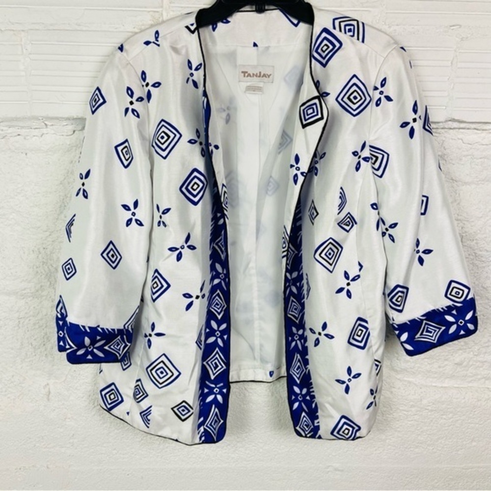 TanJay Women's Geometric Blue and White open front Blazer size 16